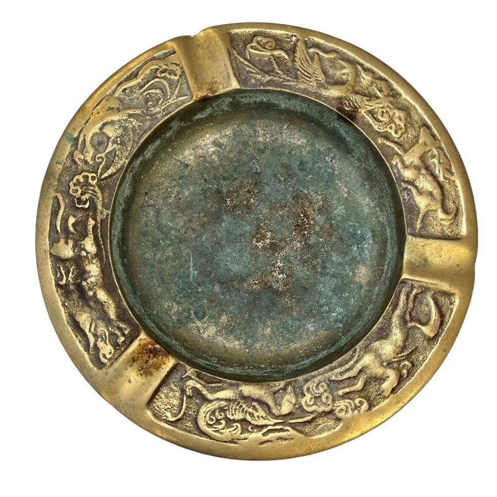 Vintage Brass Ashtray Phoenix Birds 5" Unusual Serpent Animals Deer Korea
